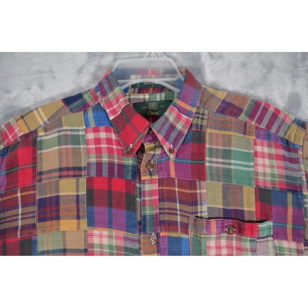 Orvis Patchwork Flannel Plaid Shirt Men's L Button Down 2000's - Picture 5 of 9